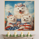 American Eskimo Dog Mom and Puppies in Patriotic Outfits with Party Hats and Starry Sky Background for Fourth of July and Holiday Decor on Ready to Hang 1.5" Thick Canvas Wrap, Floating Framed Canvas, Flat Rolled Canvas